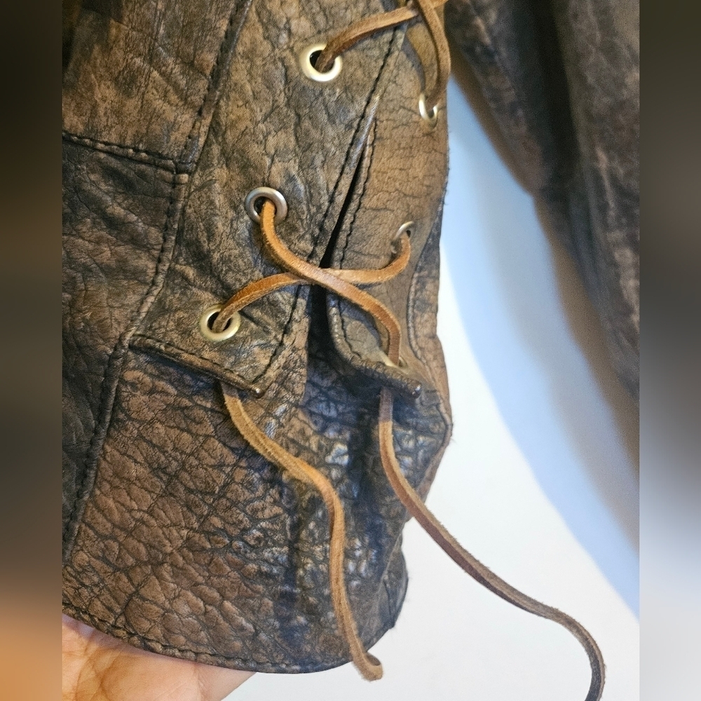 Vintage Western Fringe Real Leather Jacket Brown Distressed Boho Biker Cowgirl - Picture 13 of 16